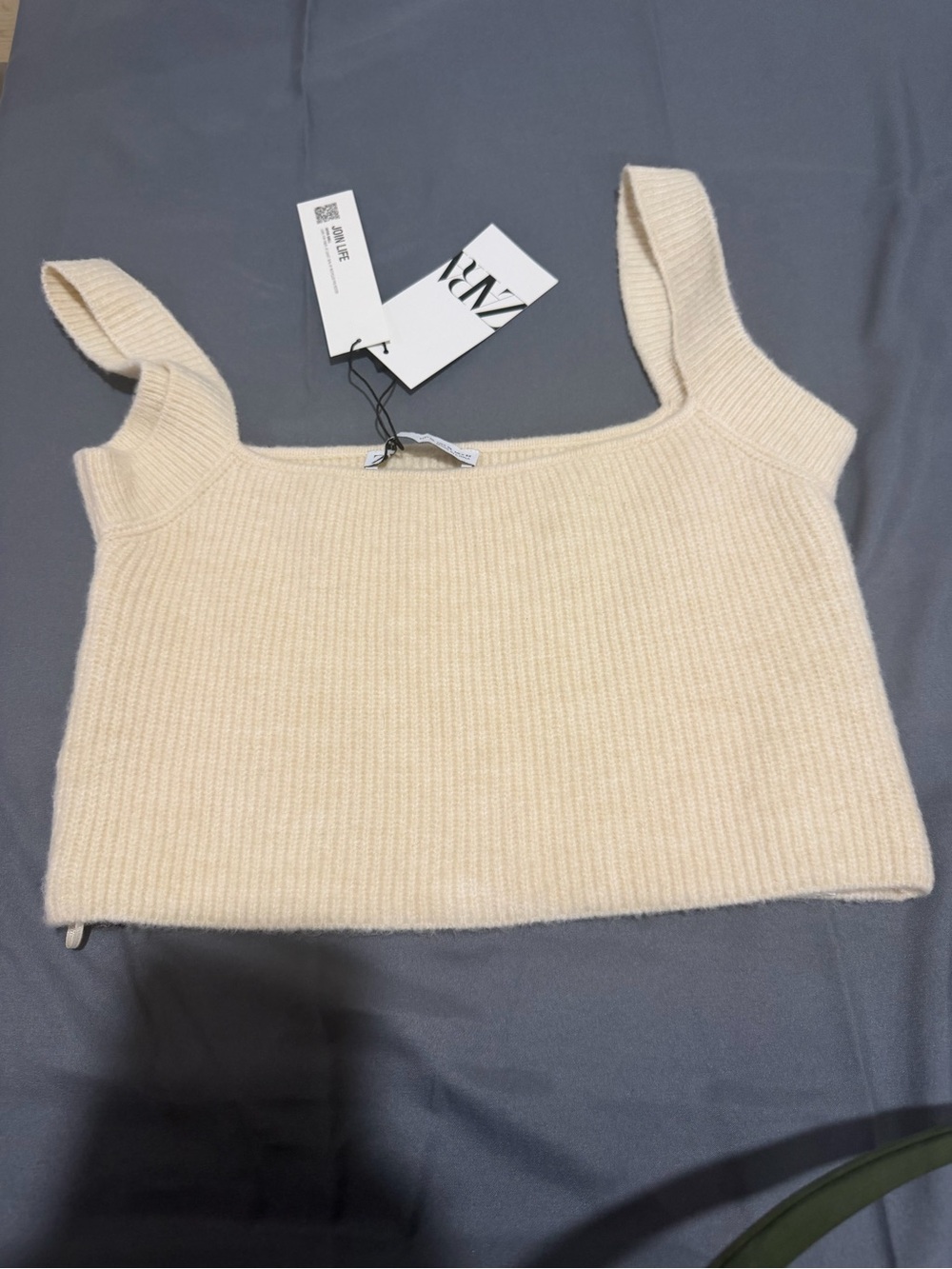 Zara Cream Ribbed Square-Neck Crop Tank